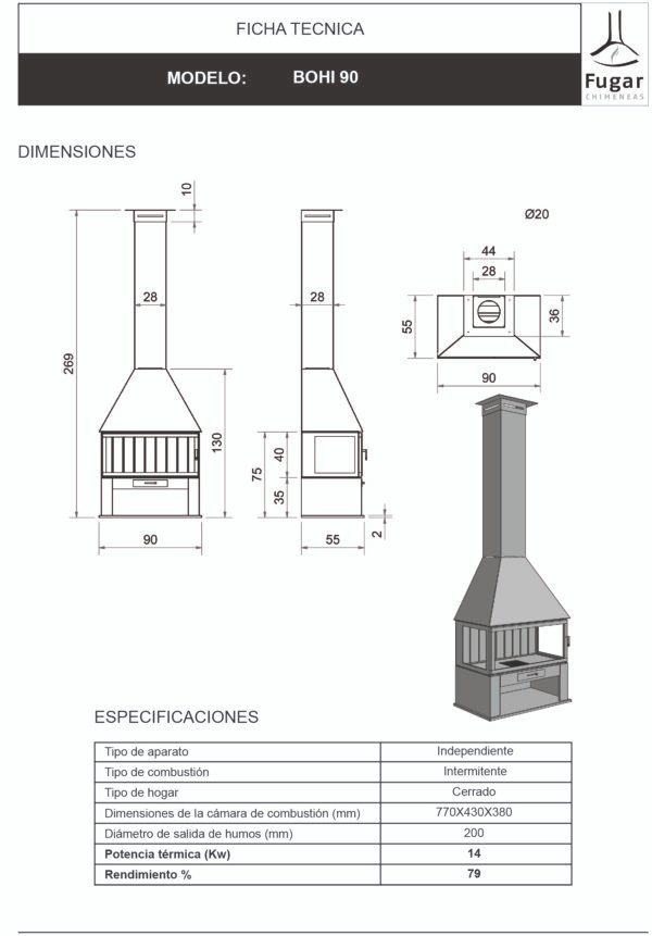 Wall-Mounted Wood-burning Fireplace BOHI 90 14 kW - Fugar - Image 2