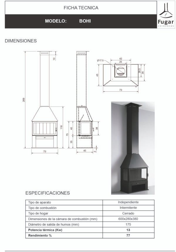 Wall-Mounted Wood-burning Fireplace BOHI 13 kW - Fugar - Image 2